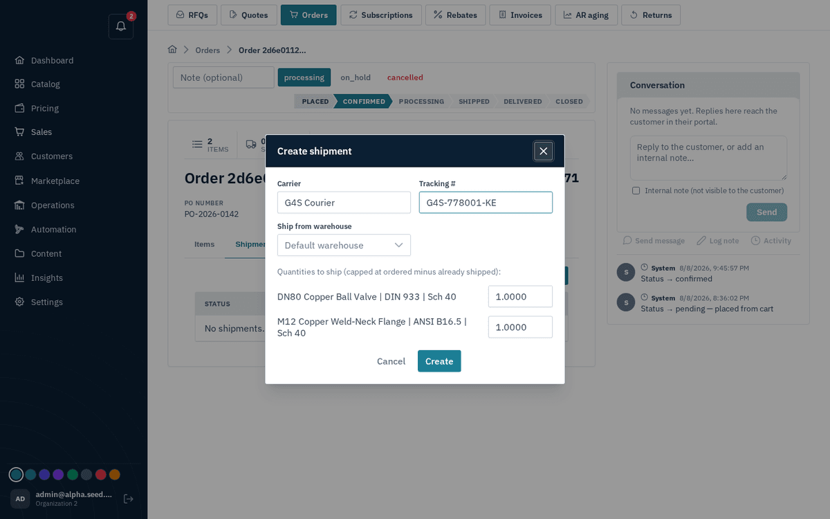 Figure: Create shipment — carrier, tracking number, warehouse and per-item quantities