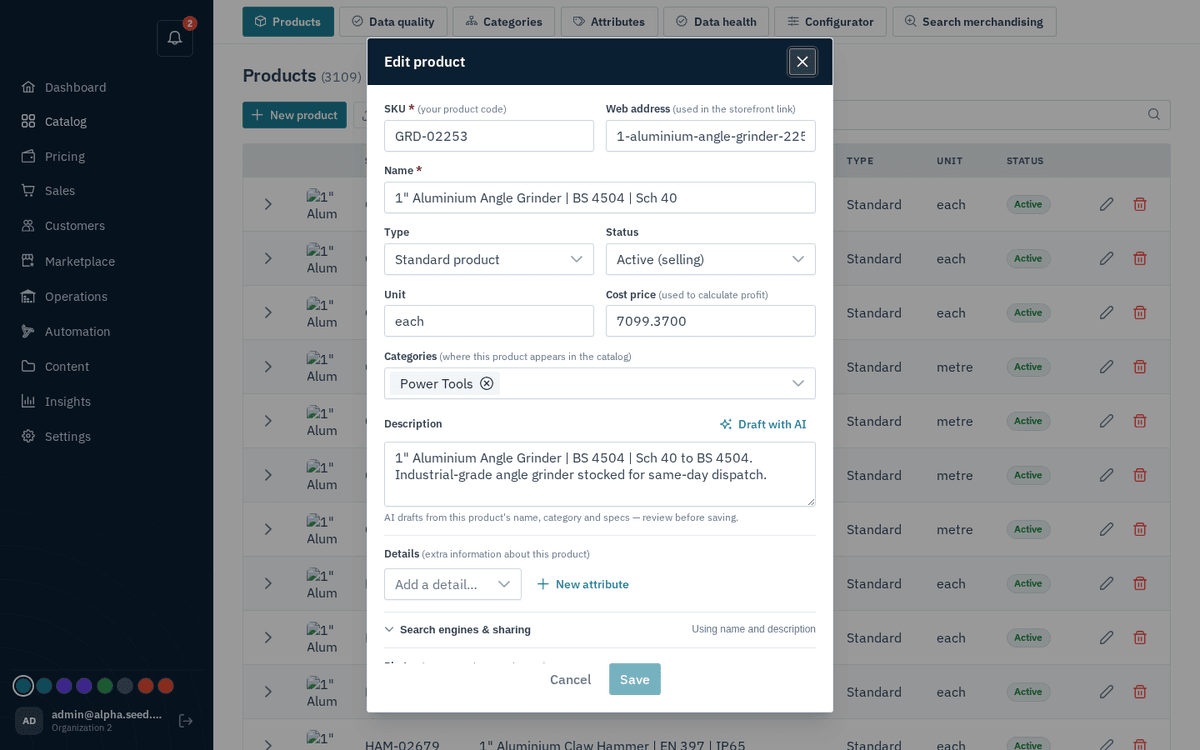 Figure: Editing a product — photos, details, languages and visibility