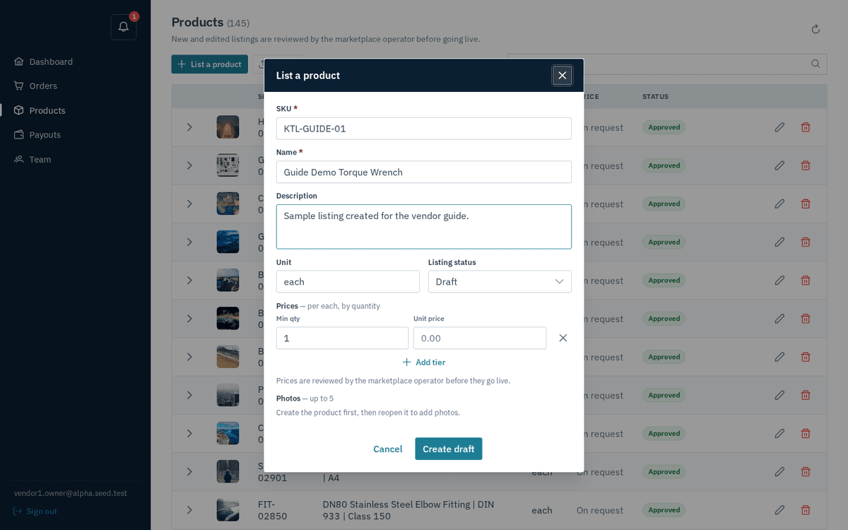 Figure: The List a product dialog — SKU, name, description, unit, listing status and price tiers