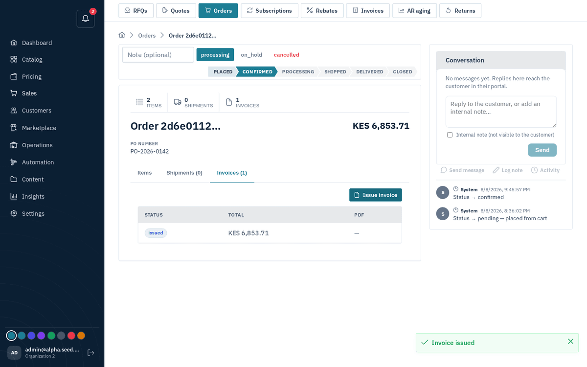 Figure: Issue invoice on the order — the invoice appears on the Invoices tab