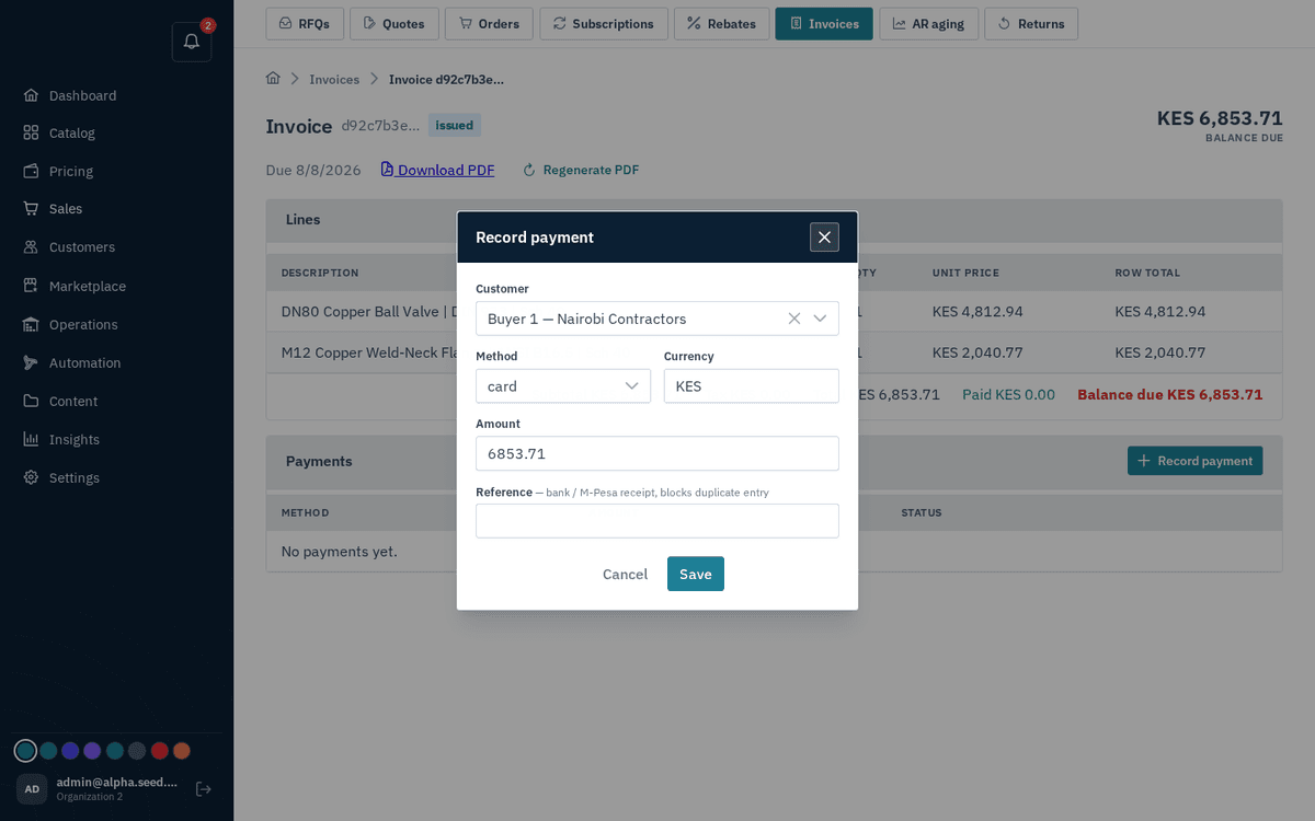 Figure: Record payment — method, amount defaulting to the balance, and a duplicate-blocking reference