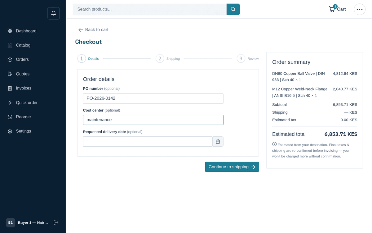 Figure: Checkout step 1 — order details: PO number, cost center, requested delivery date