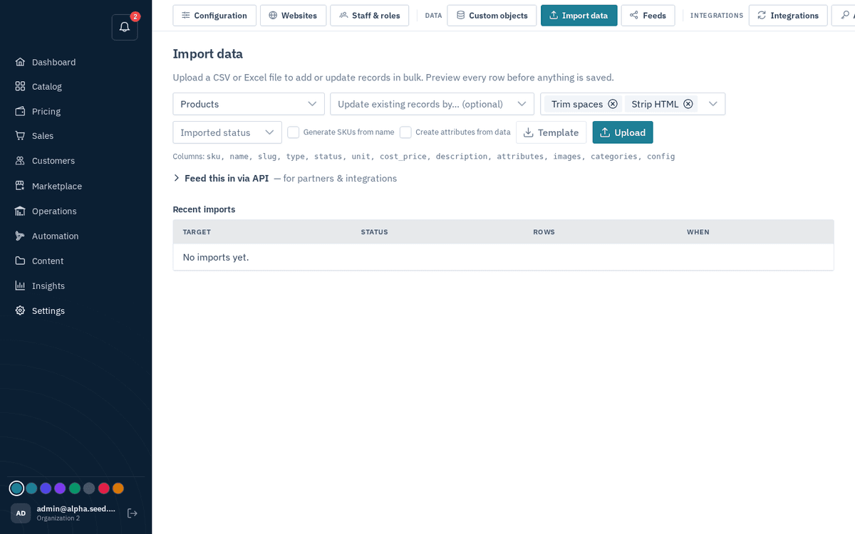 Figure: Import data — pick a target, download the template, upload CSV or Excel