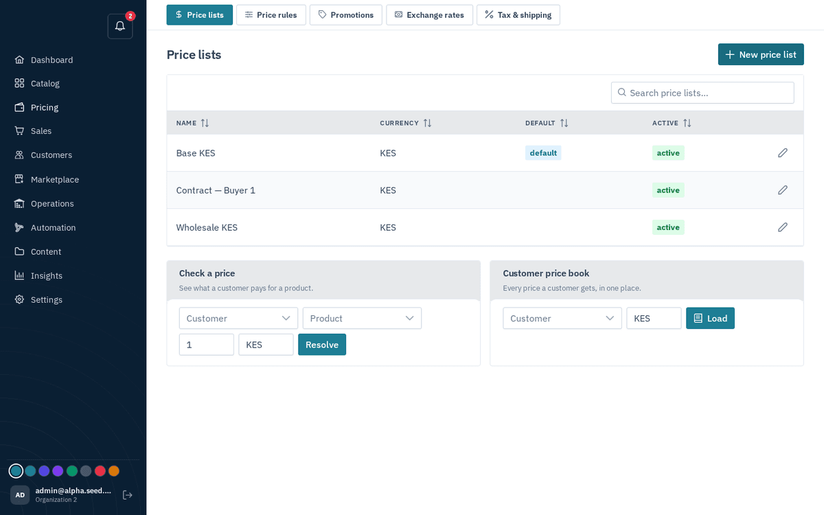 Figure: Pricing → Price lists — per-customer, per-group and website price books