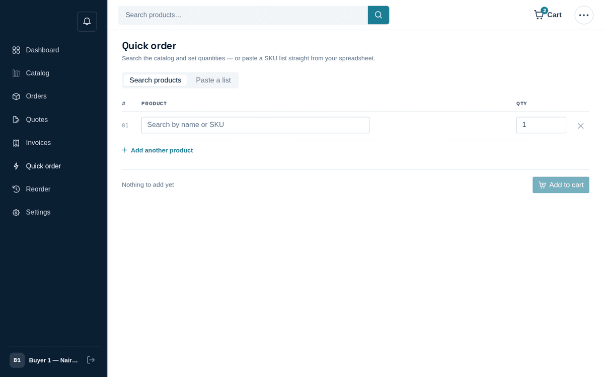 Figure: Quick order — search lines or paste SKUs straight from your purchasing sheet