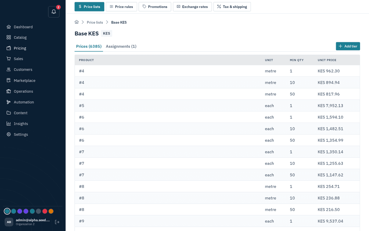 Figure: Inside a price list — volume tiers per product, plus the Assignments tab