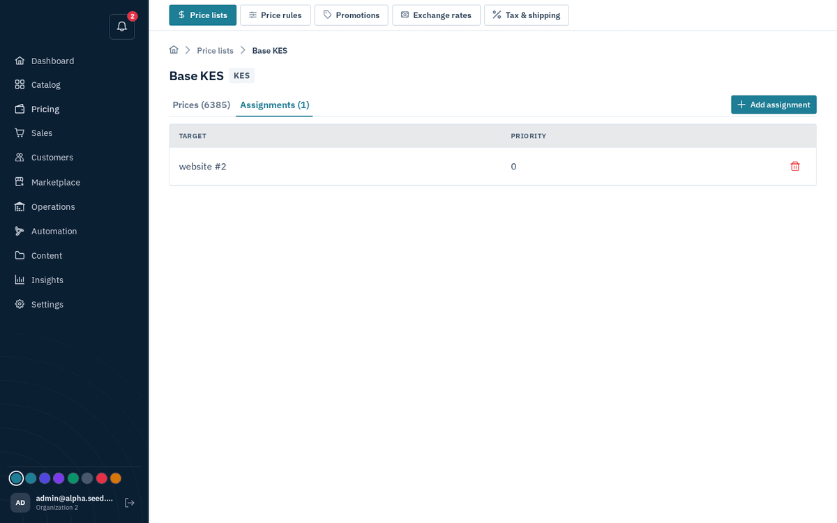 Figure: Price list assignments — customer, group or website decide who gets this list