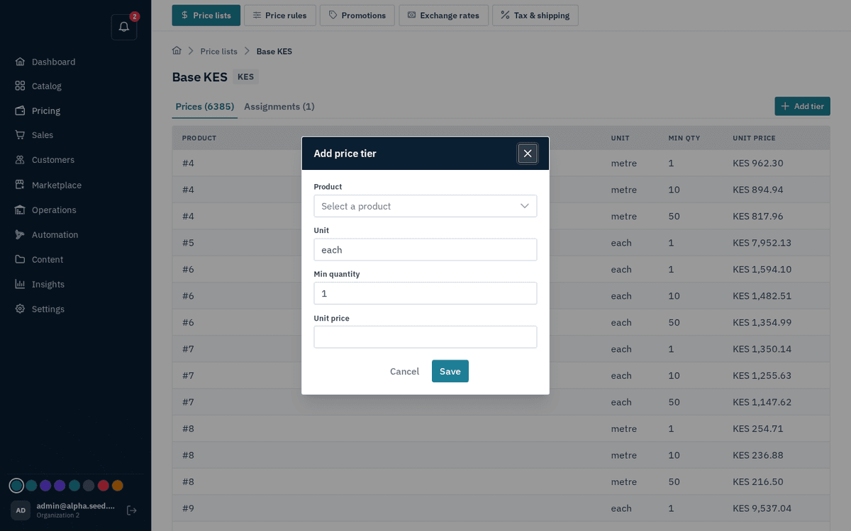 Figure: Add tier — product, unit, minimum quantity and unit price