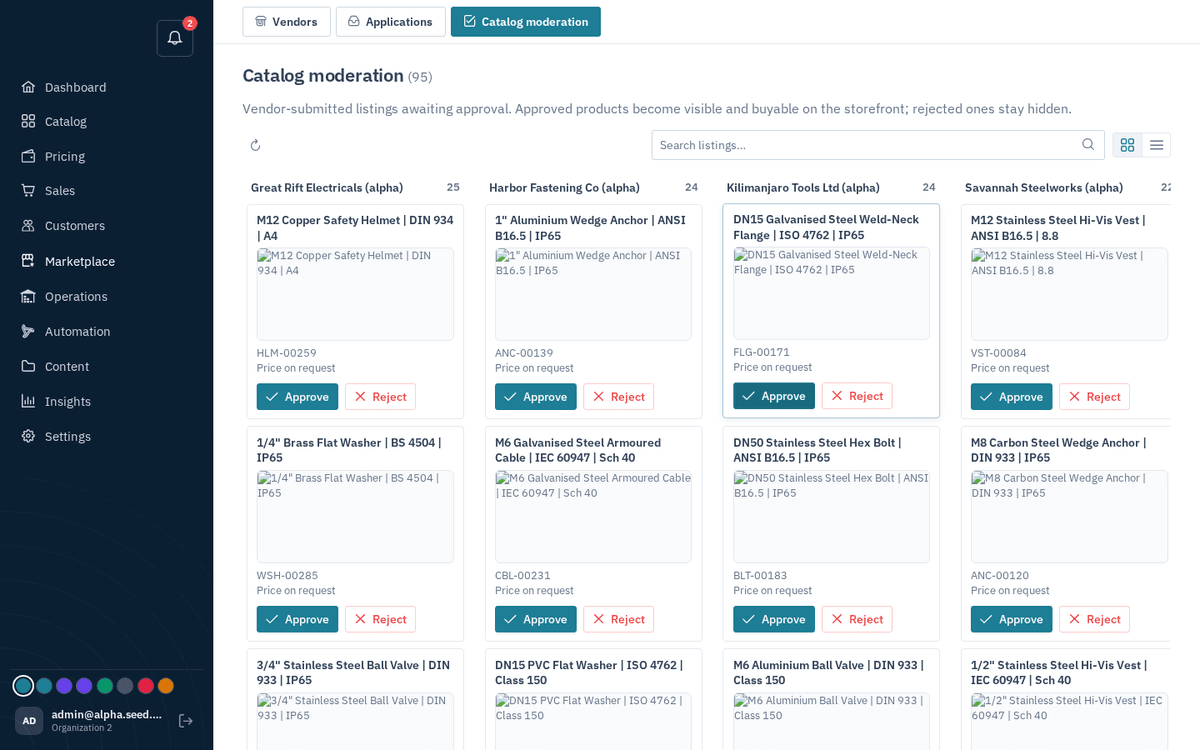 Figure: Catalog moderation — approve or reject vendor listings before they go live