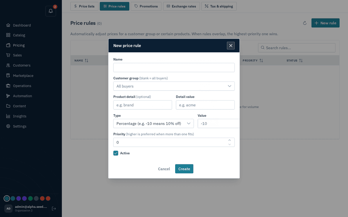 Figure: New rule — scope by customer group and/or product detail, set the adjustment