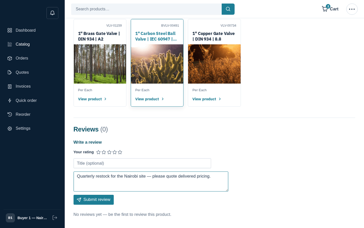 Figure: Request a quote: add catalog lines, quantities, target prices and notes